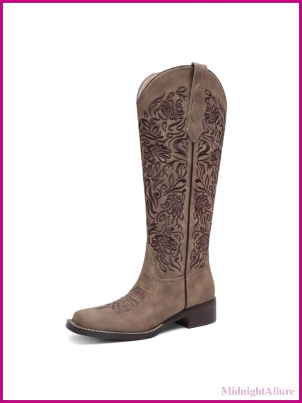 Embroidered Western Cowboy Boots Knee High Square Toe Low Heel Pull On